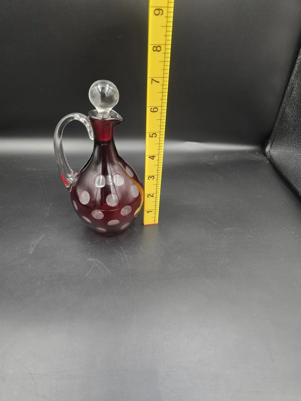 Handcrafted Ruby Red Polka Dot Glass Cruet with Clear Handle and Stopper